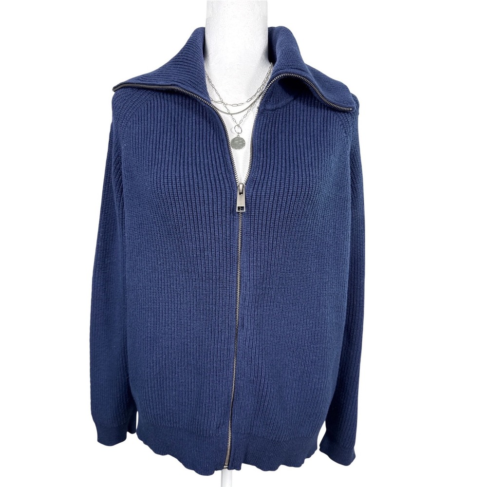 J. Jill Full Zip Cardigan Sweater XLarge Blue Capsule Wardrobe Coastal Preppy